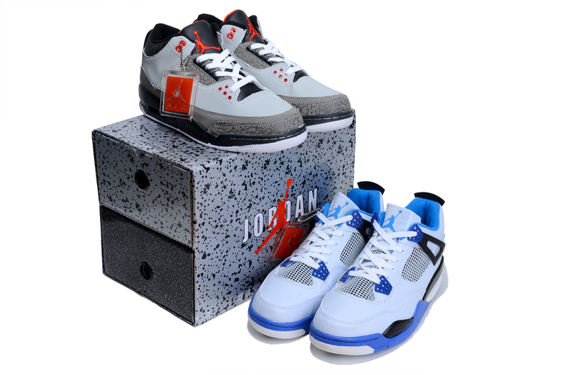 Limited Combine Grey Black Air Jordan 3 And White Blue Jordan 4 Shoes - Click Image to Close